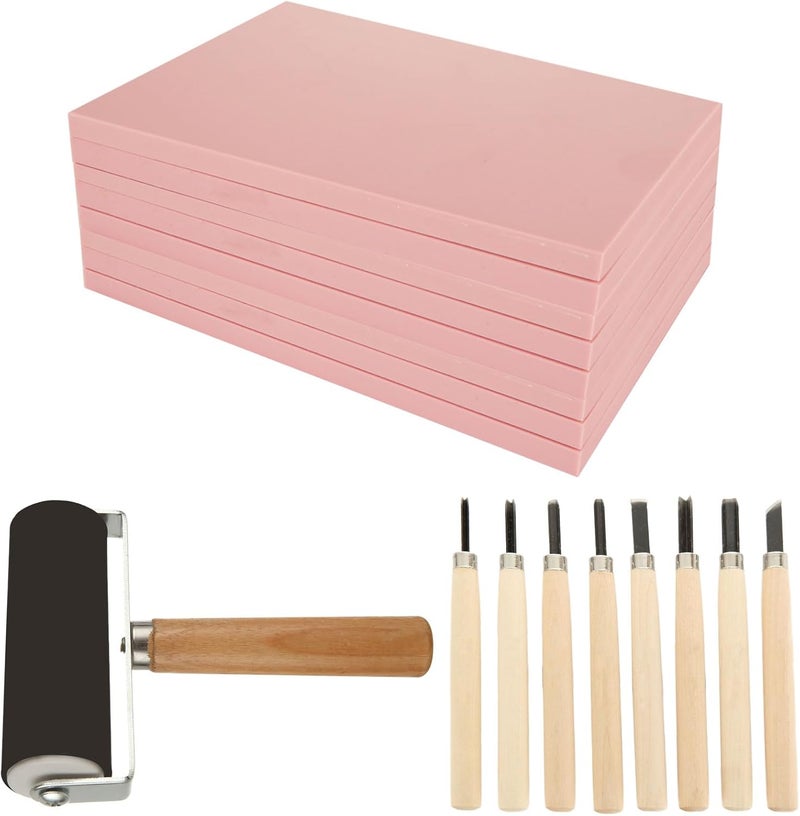 DIRBUY 10 Pack Rubber Stamp Making Kit - Block Printing Kit，Linoleum Carving Tools with 8 Type Blades, 8 Pcs Pink Rubber Carving Block and Rubber Brayer Roller - Image 1
